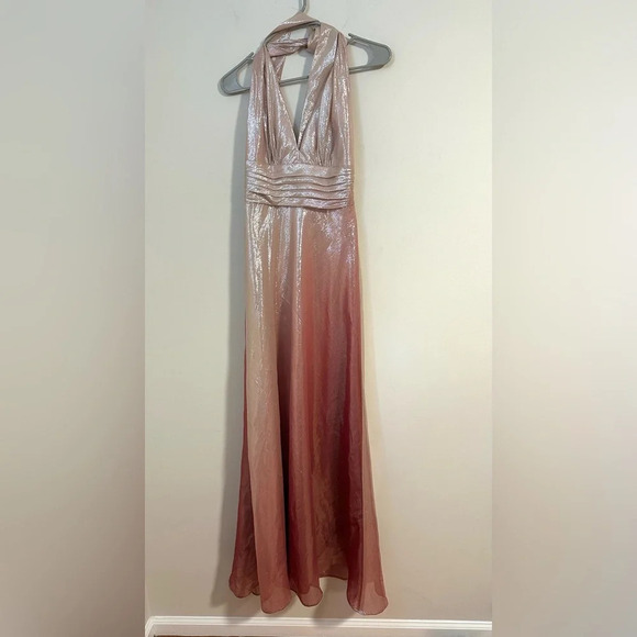 David Meister Rose Gold SILK metallic halter wedding guest gown dress maxi - Picture 1 of 9